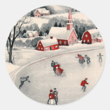 Navidad del vintage, charca congelada patinadores  pegatinas  