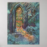 Navidad del vintage, vitral en iglesia impresiones