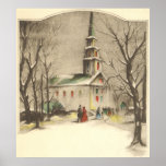 Navidad religioso del vintage, iglesia, nieve, inv posters
