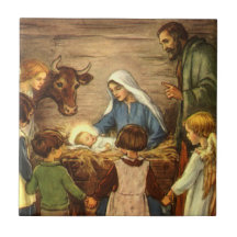 Navidad religioso del vintage, natividad, bebé Jes Azulejos