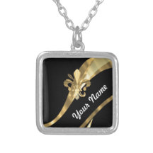 Negro y flor de lis del oro collar personalizado
