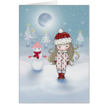 Niña con la tarjeta de Navidad del muñeco de nieve