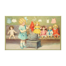Niña del vintage que juega con las muñecas impresion en lona