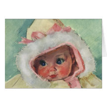 Niña linda del vintage que lleva un abrigo de piel felicitación