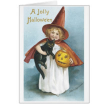 Niña y gato negro Halloween alegre Felicitaciones