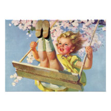 Niño del vintage, chica que balancea en el oscilac anuncio personalizado