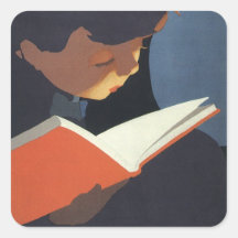 ¡Niño del vintage que lee un libro, de nuevo a tie Calcomanías Cuadradases