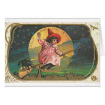 Niño en el palo de escoba tarjetas