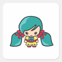 Niño lindo del chica de Kawaii con las coletas azu Calcomanías Cuadradas