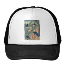 Niños extranjeros sledding por Utagawa, Yoshikazu, Gorros Bordados
