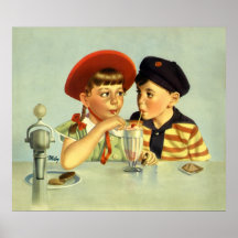 Niños, muchacho y chica del vintage compartiendo u poster