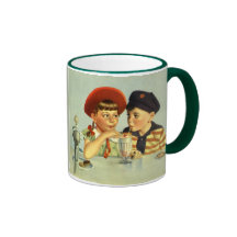 Niños, muchacho y chica del vintage compartiendo u tazas de café
