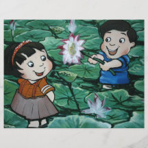 Niños taiwaneses en la charca del lirio tarjetas publicitarias