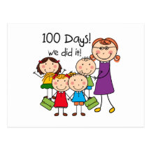 Niños y profesor de sexo femenino 100 días postal