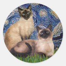 Noche estrellada - dos gatos siameses (Choc pinta) Pegatinas Redondas