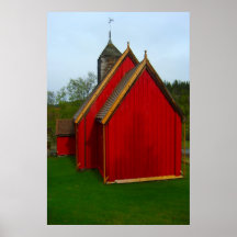 Noruega, iglesia noruega tradicional del pueblo poster