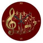 Notas musicales de oro en forma oval en rojo