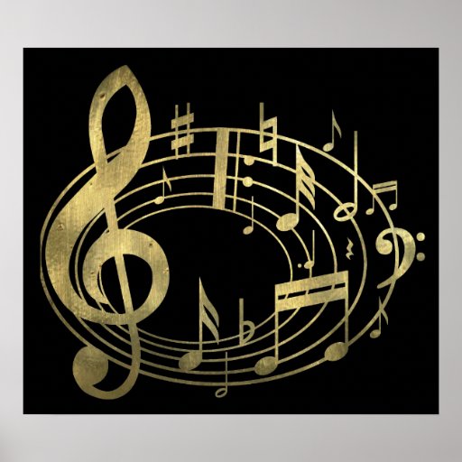 Notas musicales de oro en forma oval posters