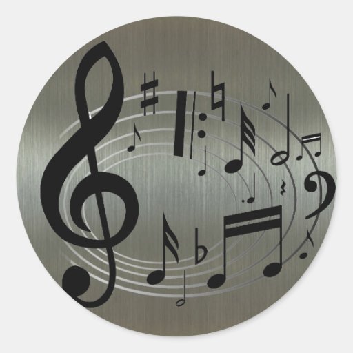 Notas musicales negras sobre el fondo de aluminio etiquetas redondas