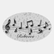 Notas musicales negras y grises personalizadas pegatina de óval personalizadas