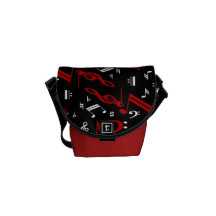 Notas musicales rojas y blancas sobre negro bolsas messenger