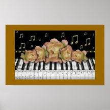 Notas y rosas de oro del teclado de piano impresiones