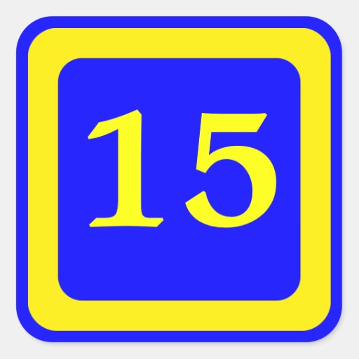 número 15, fondo azul, marco amarillo pegatina cuadrada | Zazzle