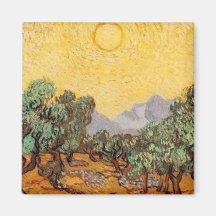 Olivos con el cielo amarillo y Sun Imán De Frigorífico