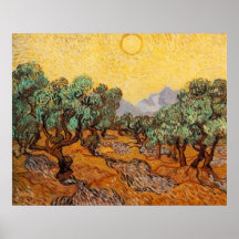 Olivos con el cielo amarillo y Sun Posters