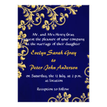 Oro azul e invitación blanca del boda del brocado