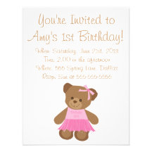 Oso de peluche del cumpleaños con el tutú rosado invitacion personalizada