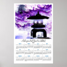 Pagoda japonesa en calendario de pared de la púrpu posters