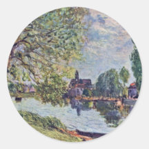 Paisaje del río en el Moret-sur-Loing Pegatinas Redondas
