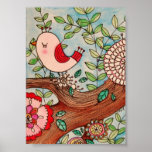 Pájaro, rama, y flores retros poster