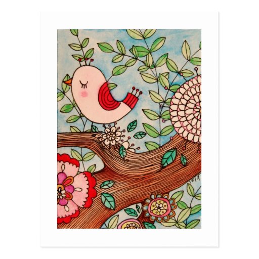 Pájaro, rama, y flores retros tarjetas postales