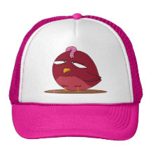 Pájaro rojo con el gusano gorro de camionero