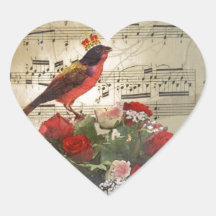 Pájaro rojo, y rosas en la hoja de música del vint pegatina de corazon personalizadas