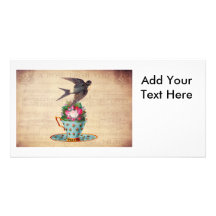 Pájaro, rosas, y taza de té del vintage tarjetas fotograficas personalizadas