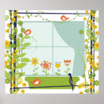 Pájaros y poster retros de las flores