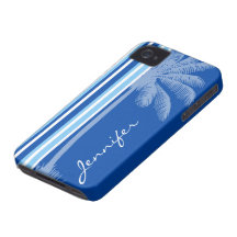 Palma tropical; Rayas azules y blancas iPhone 4 Funda