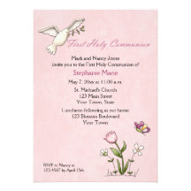 Paloma blanca, comunión santa de la flor rosada invitaciones personalizada