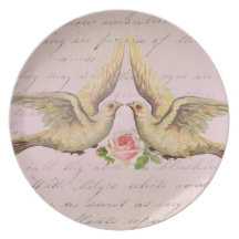 Palomas románticas en collage del vintage del amor plato para fiesta
