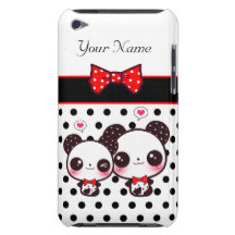 Pandas de Kawaii con el arco rojo en lunares Barely There iPod Fundas