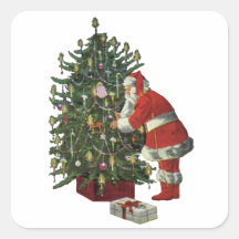 Papá Noel que enciende velas en el árbol de navida Colcomanias Cuadradas Personalizadas