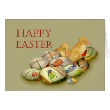 Pascua feliz, huevos bordados y anadones tarjetas