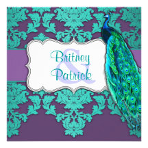 Pavo real de la aguamarina y invitaciones púrpuras comunicados personalizados