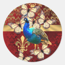 Pavo real elegante, mariposas y damasco rojo etiquetas  