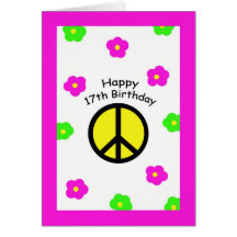 Paz y 17ma tarjeta de cumpleaños de las flores