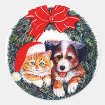 Pegatina del navidad del gato y del perro