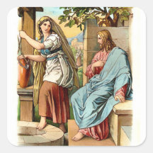 Pegatina-Mujer cristiana del vintage en el pozo